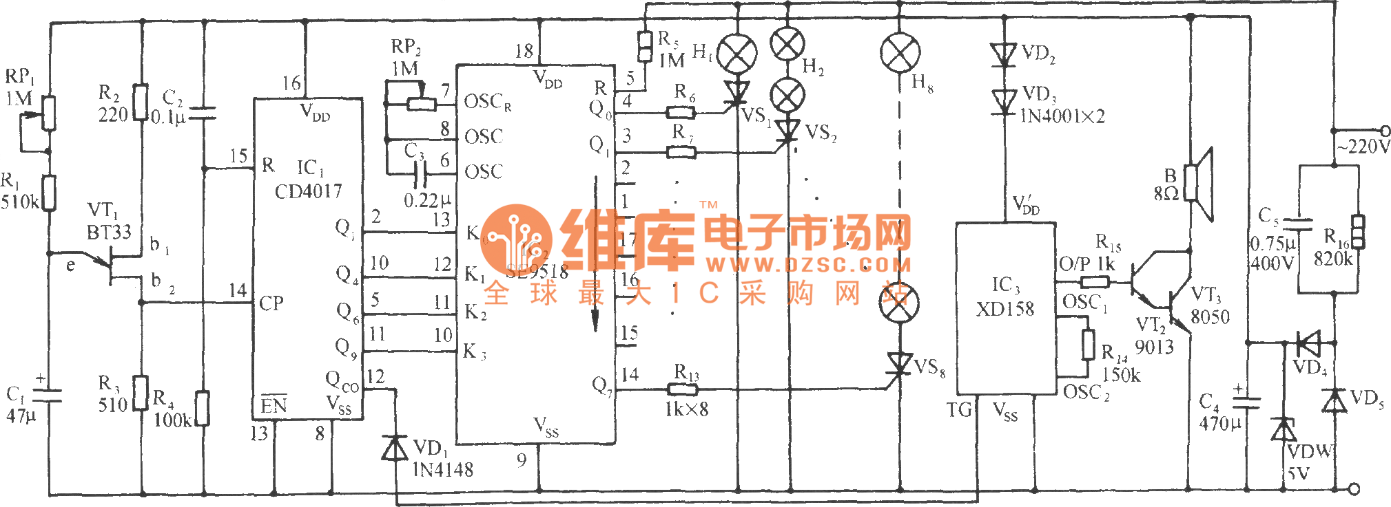 SE9518多花样程控彩灯伴鼓点乐自动控制电路