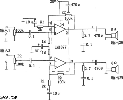 LM1877构成的2W2功率放大器电路图