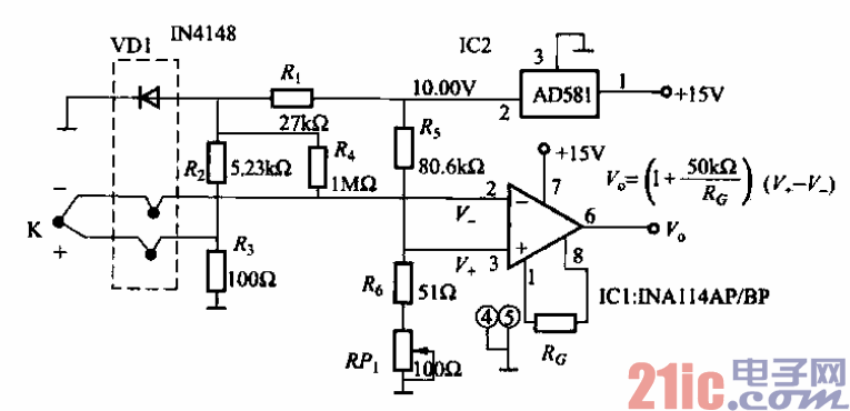 ina114构成的k型热电偶冷结点补偿电路