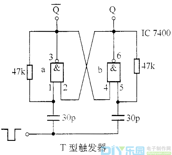 电子资讯 电路图   基本r-s触发器按的方式连接即构成t型触发器.