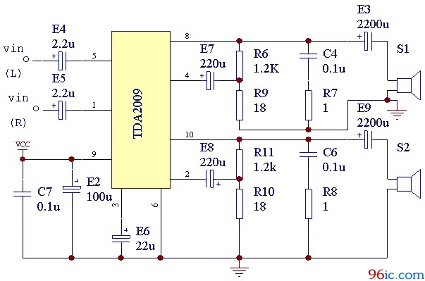 tda2009单,双声道伴音功放电路图 tda2009单,双声道伴音功放电路图
