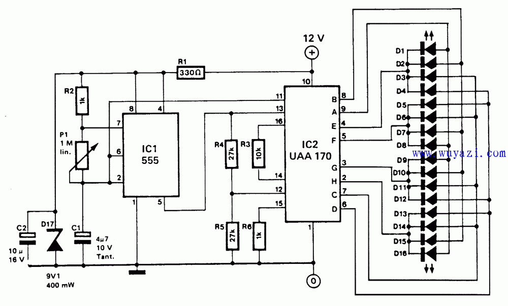 跑马灯定序列驱动16个led电路图