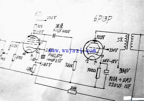 6j1推动6p13p的电子管功放电路图 6j1推动6p13p的电子管功放电路图