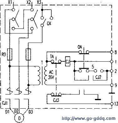 电路原理分析  下图为井下常用水泵控制开关原理图,电源变压器t将