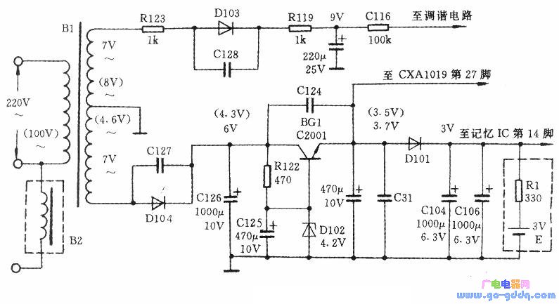 索尼c233型钟控数字调谐收音机电源电路
