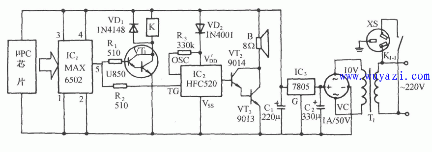 继电器控制电路,语言电路,音频功放电路和交流降压整流电路等组成