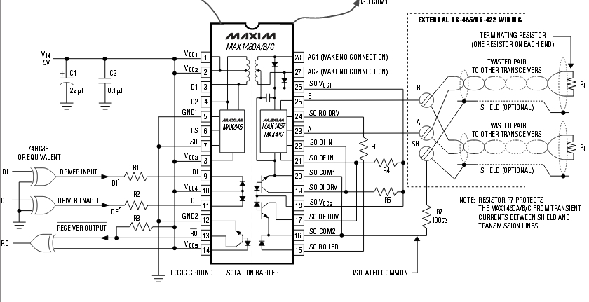 rs485接口芯片max1480电路及引脚图